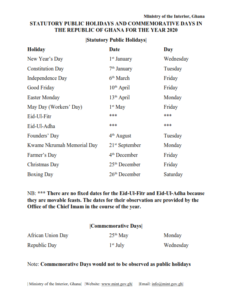 Interior Ministry Releases Public Holidays And Commemorative